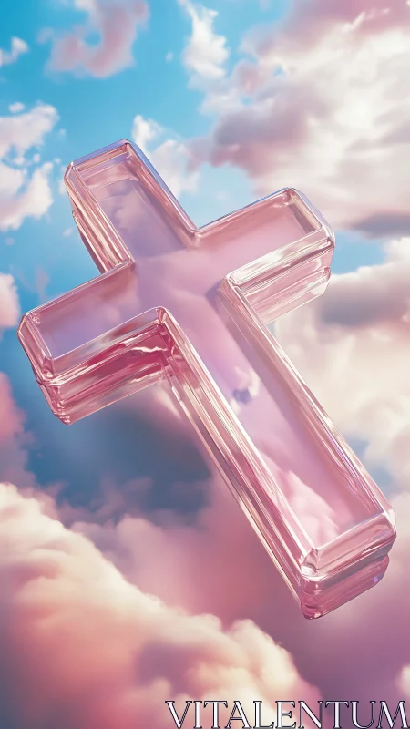 Translucent pink glass cross floating in soft sky clouds.