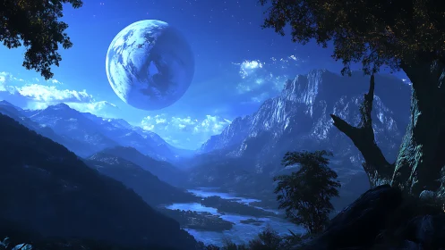 Alien moon hangs above blue nocturnal mountain valley