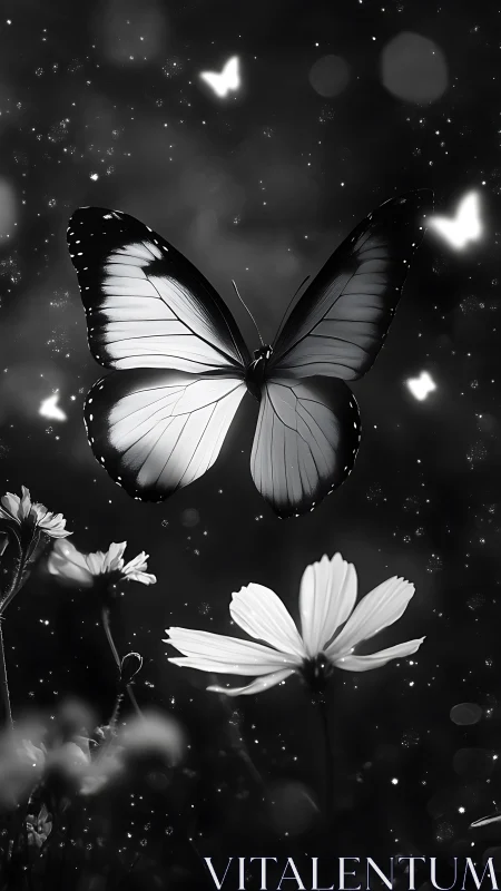 Monochrome butterfly moves above flowers in shallow focus