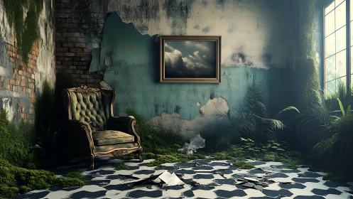 Overgrown abandoned room shows decayed armchair and window