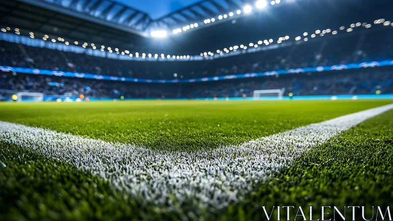 Floodlit football pitch corner under dramatic stadium lights.