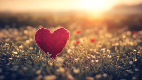 Scarlet Heart Form Isolated in Golden Hour Wildflower Meadow.