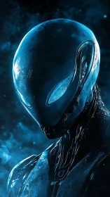 Biomechanical alien android stands in cold blue nebula glow