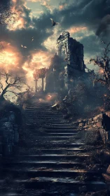 Mystical stone staircase rising toward a glowing ruined tower.