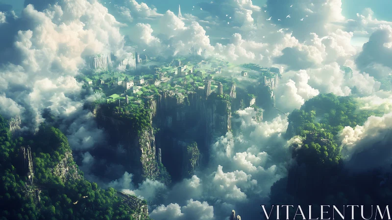 Skybound cliff city emerges through dense luminous clouds
