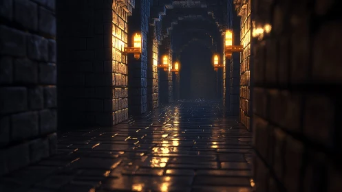 Torchlit stone corridor inviting quiet dungeon wanderings.