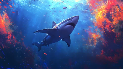 Great white shark ascends through chromatic underwater light field