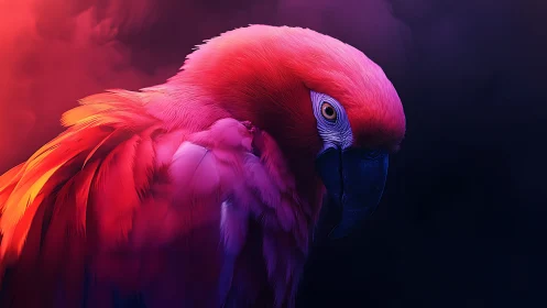 Scarlet parrot portrait in vivid neon gradient light.