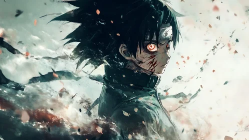 Anime warrior with glowing eyes amid abstract particle field.