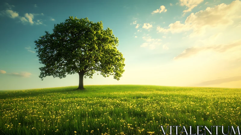 Solitary oak crowns a sunlit meadow of whispering gold.