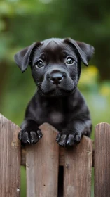 Black puppy leaning on wooden fence in green backyard.