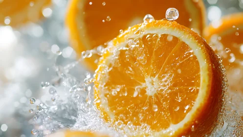 Macro orange slices in dynamic water splash with shallow depth
