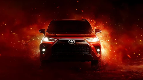 Front-lit red SUV in cinematic fire-inspired studio lighting