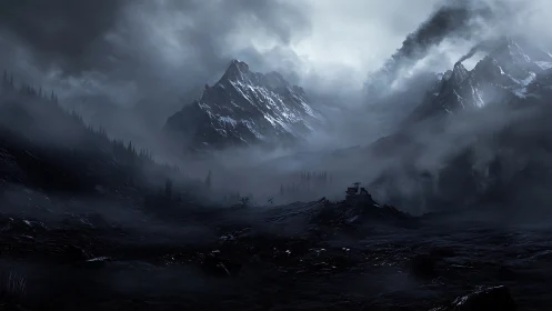 Bleak snowy mountains and fortress in dark misty valley.