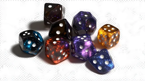Cosmic polyhedral dice scattered in luminous galaxy hues.