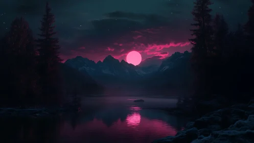 Neon lunar lake vista in cinematic digital landscape painting.