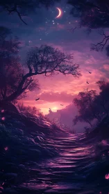 Lunar twilight forest path under magenta sunset sky glow