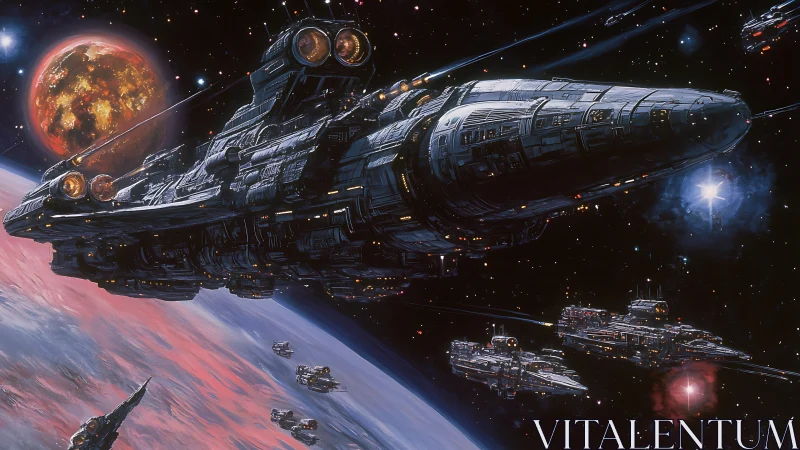 Armored interstellar carrier spearheading orbital battle group.