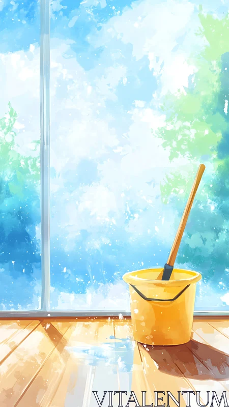 Sunlit yellow cleaning bucket rests beside bright window.