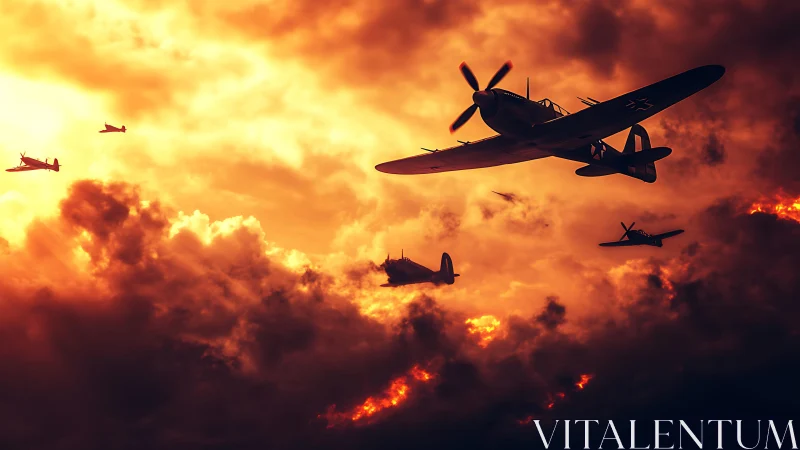 Warbirds crossing infernal sunset clouds in formation flight.