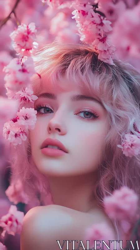 Soft-lit pastel portrait amid dense pink blossom bokeh field