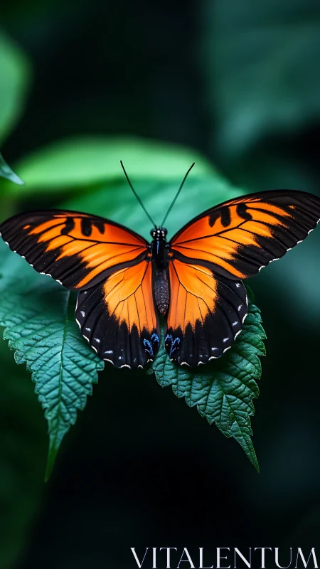 Orange and black butterfly resting on deep green foliage.