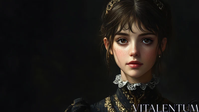 Digital portrait of young woman in ornate dark attire.