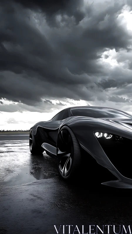 Sculpted black supercar on wet runway under storm clouds.