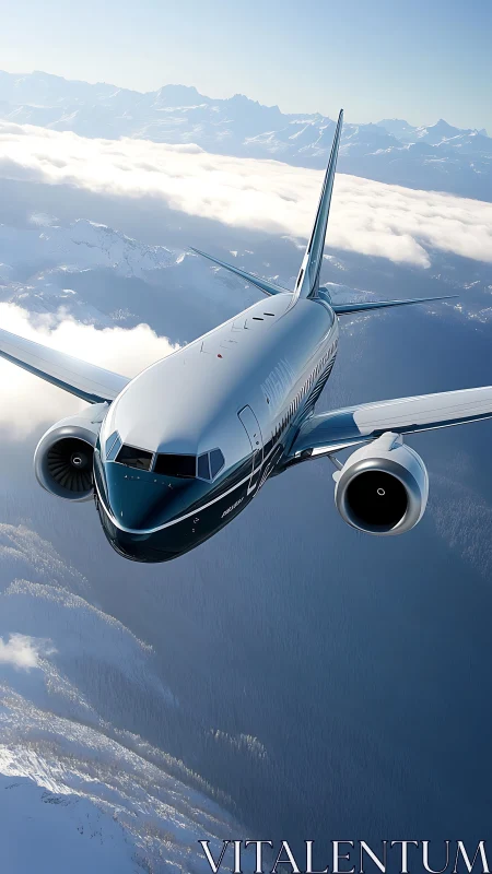 Airliner banking above alpine cloud deck in photoreal detail