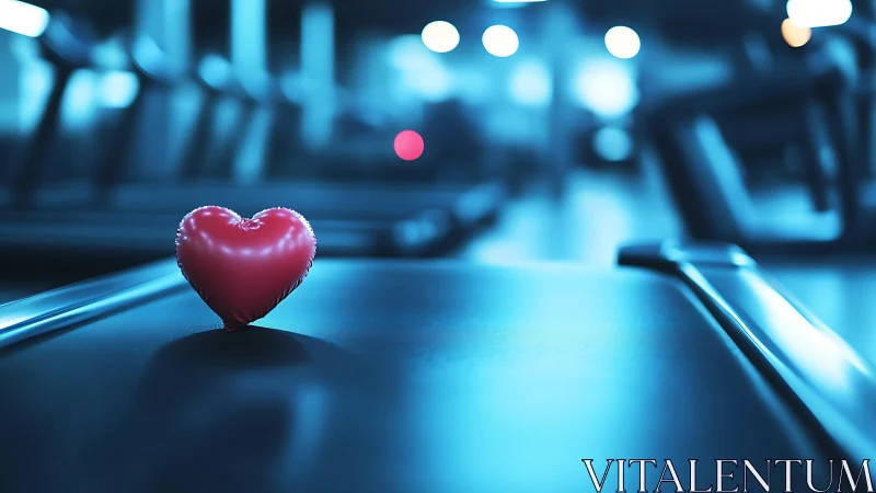Heart-shaped balloon rests on treadmill in cool gym lighting
