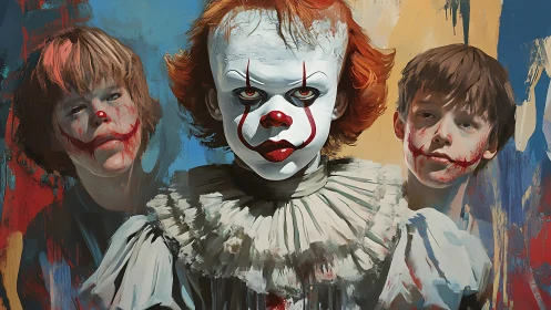 Haunting clown trio painted with bold, theatrical flair.