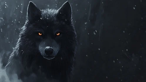 Midnight wolf with ember eyes in a quiet snowfall.
