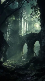 Overgrown gothic ruins with filtered forest light.