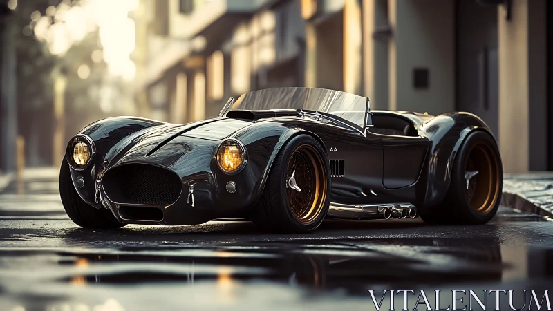 Low-angle view of black retro roadster on wet street surface.