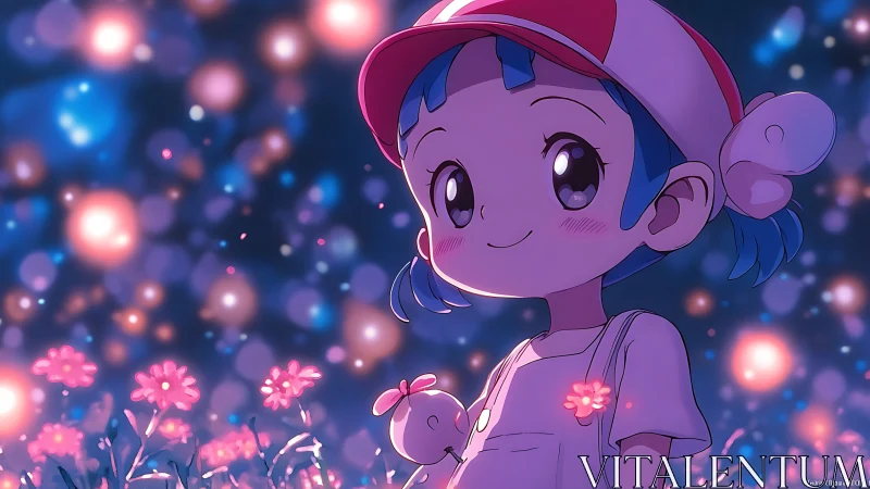 Smiling blue haired child glows in dreamy flower meadow.