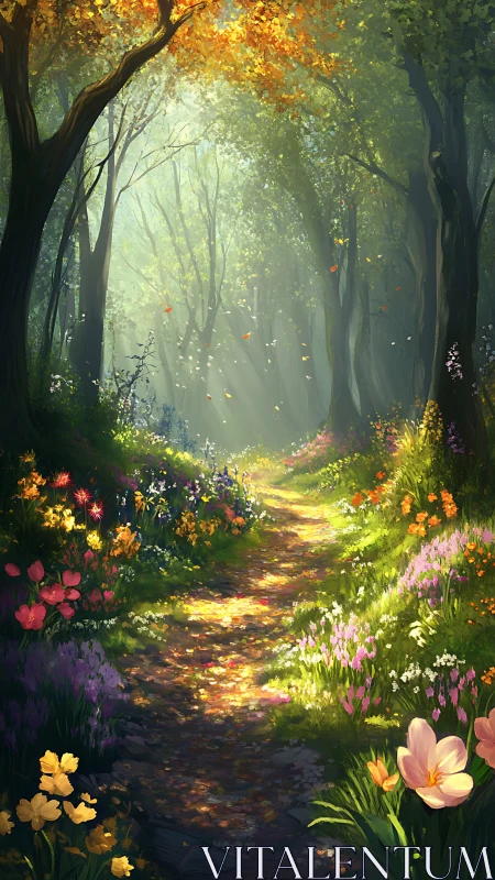 Forest Path Through Autumn Canopy with Luminous Wildflowers