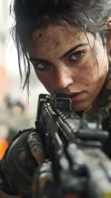 Soldier aiming rifle in close-up, dirt-marked face portrait.