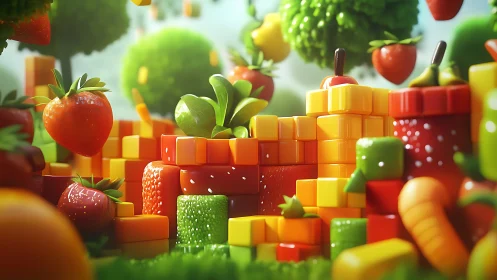 Colorful cubic landscape with fruit and vegetable forms.