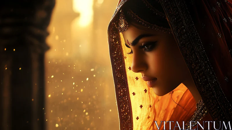 Portrait of woman in ornate veil with warm backlight.