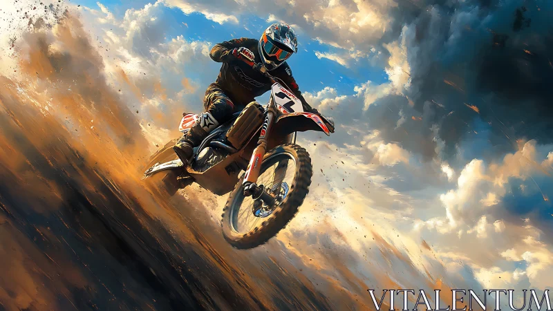 High-speed motocross jump with dynamic dust plume and clouds