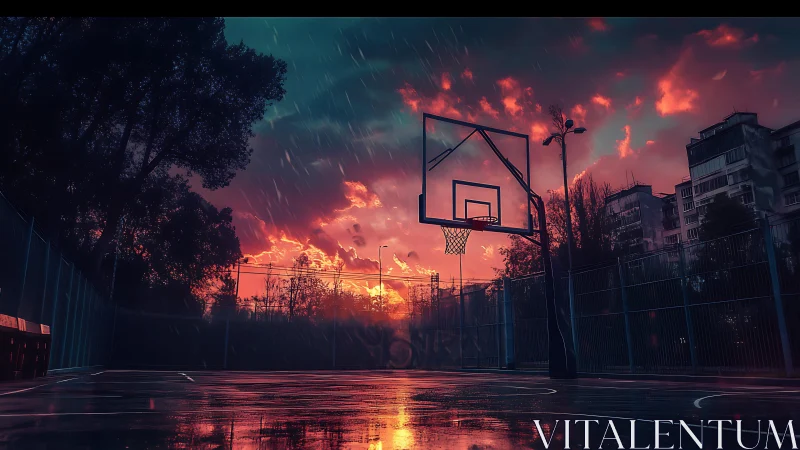 Outdoor basketball court reflects wet surface at sunset