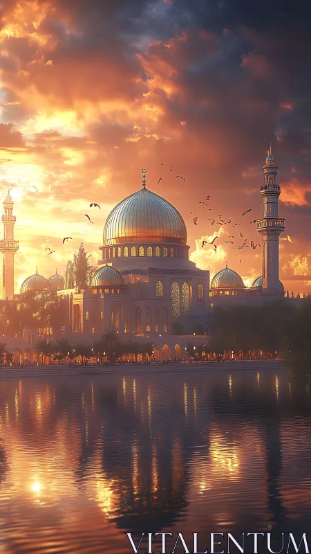 Golden sunset mosque glowing softly beside calm water.