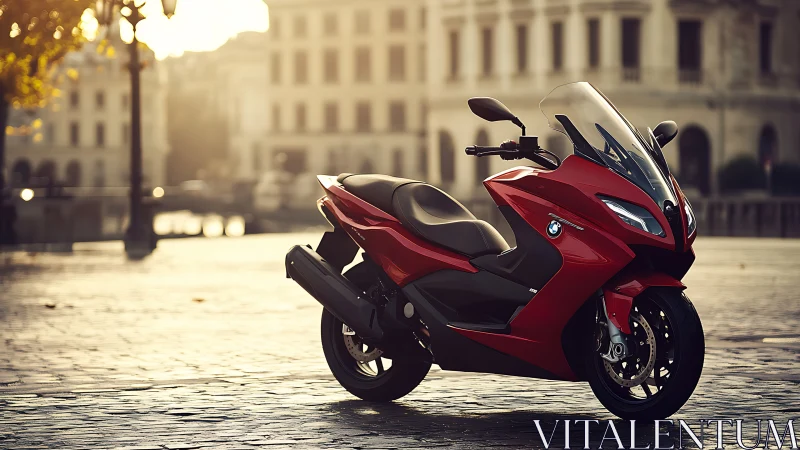 Crimson city scooter basks in golden hour cobblestone glow