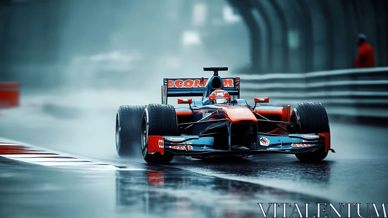 Rain-soaked race car charging bravely through misty speed.