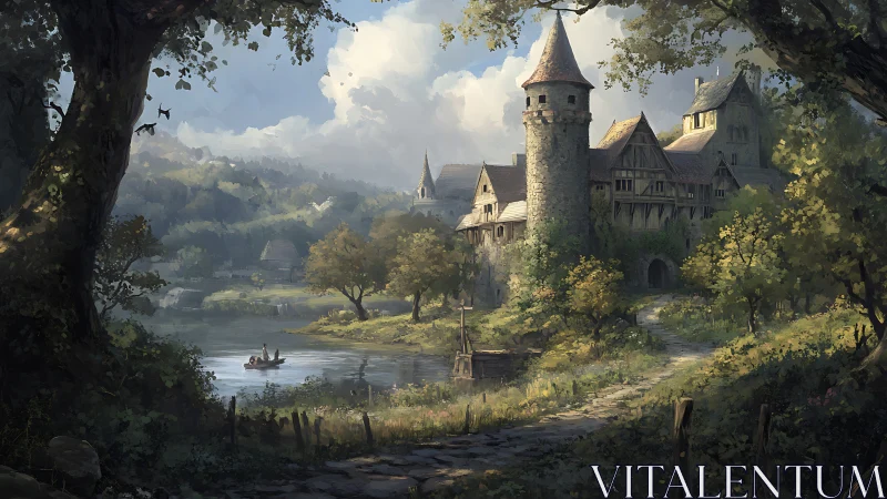 Sunlit riverside castle nestled in a peaceful green valley.