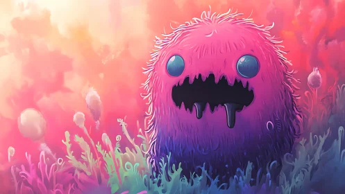 Bubblegum void sprite in a neon fuzz garden stares back.