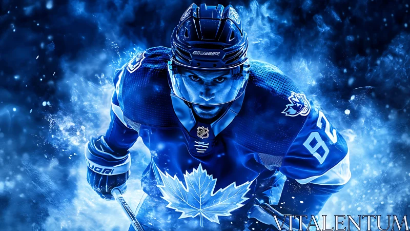 Blue blaze hockey warrior charges through electric froststorm.