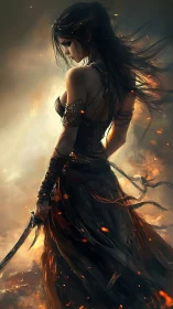 Battle-scarred warrior woman with sword amid drifting embers