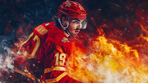 Dynamic hockey portrait integrates fiery particle effects and motion blur