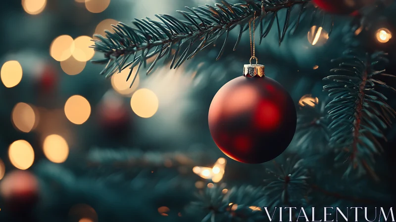 Cozy red ornament glowing softly on a twinkling tree branch.